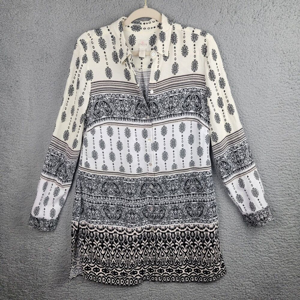 Chicos Black Cream Color Block Geo Print Button Front Tunic Top Size 0 Side Slit